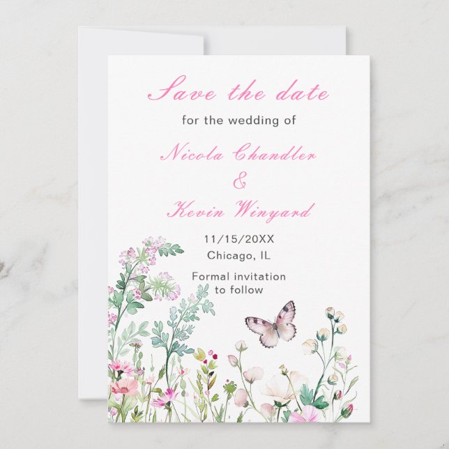 Spring Green Butterfly Floral Wedding Save The Date (Front)