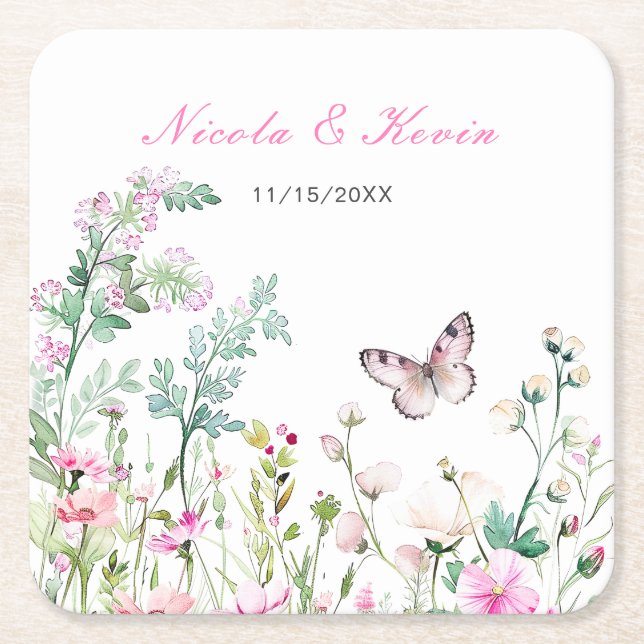 Spring Green Butterfly Floral Wedding Square Paper Coaster (Front)