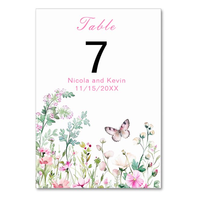 Spring Green Butterfly Floral Wedding Table Number (Front)