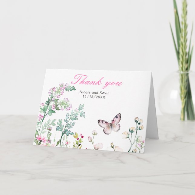 Spring Green Butterfly Floral Wedding Thank You Card (Front)