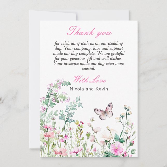 Spring Green Butterfly Floral Wedding Thank You Card (Front)
