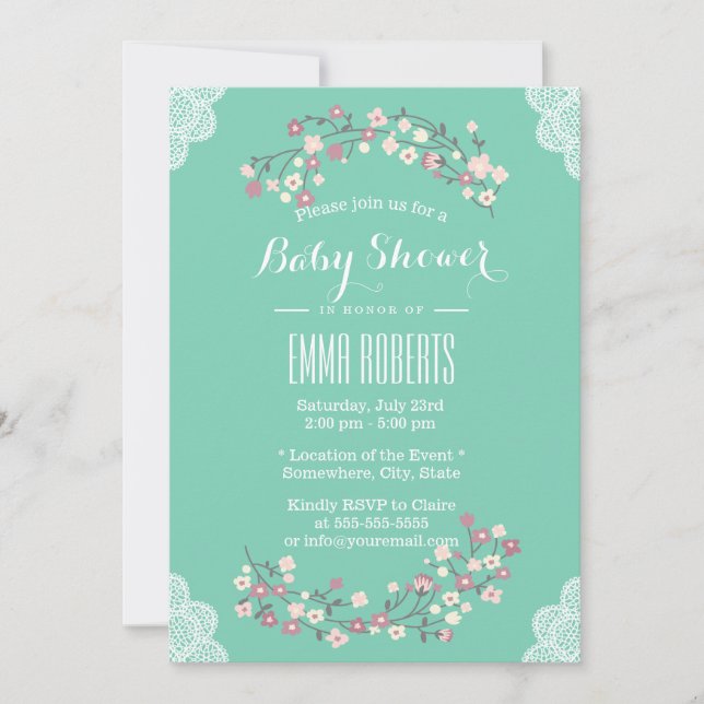 Spring Green Floral & Lace Baby Shower Invitations (Front)