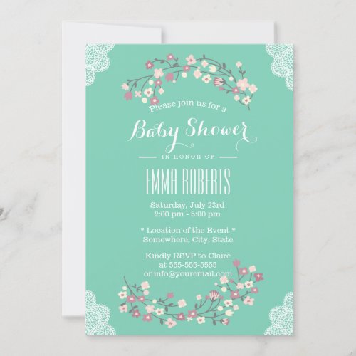 Spring Green Floral &amp; Lace Baby Shower Invitations 5" X 7" Invitation C...
