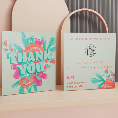Spring green floral retro script order thank you square business card