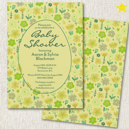 Spring Green Flower Doodle Drawings Baby Shower Invitation