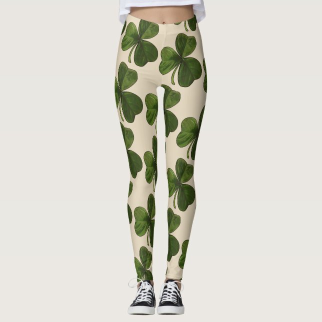 Spring Green Irish Shamrock Pattern Leggings (Front)