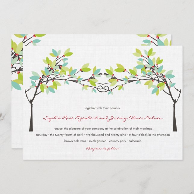 Spring Green Knotted Love Trees Wedding Invitation (Front/Back)