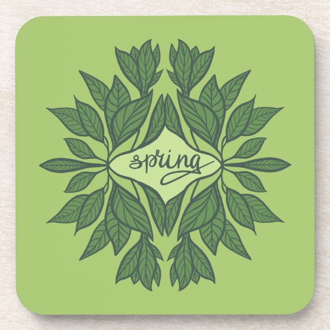 Spring Green Leaves Aesthetic Typography Beverage Coaster (Front)