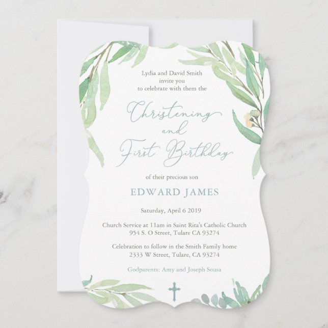 Spring Green Leaves Boy Christening First Birthday Invitation (Front)