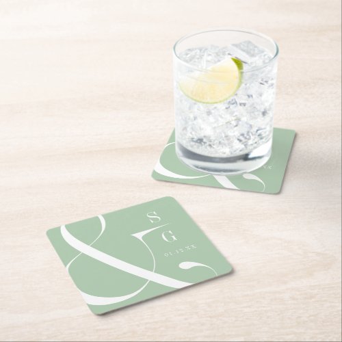 Spring green modern typography couples monogram square paper coaster