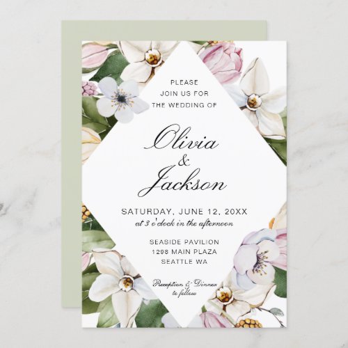 Spring Green  Pink Tulip Daffodil Floral Wedding Invitation