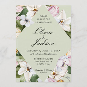 Spring Green Pink Tulip Daffodil Floral Wedding Invitation