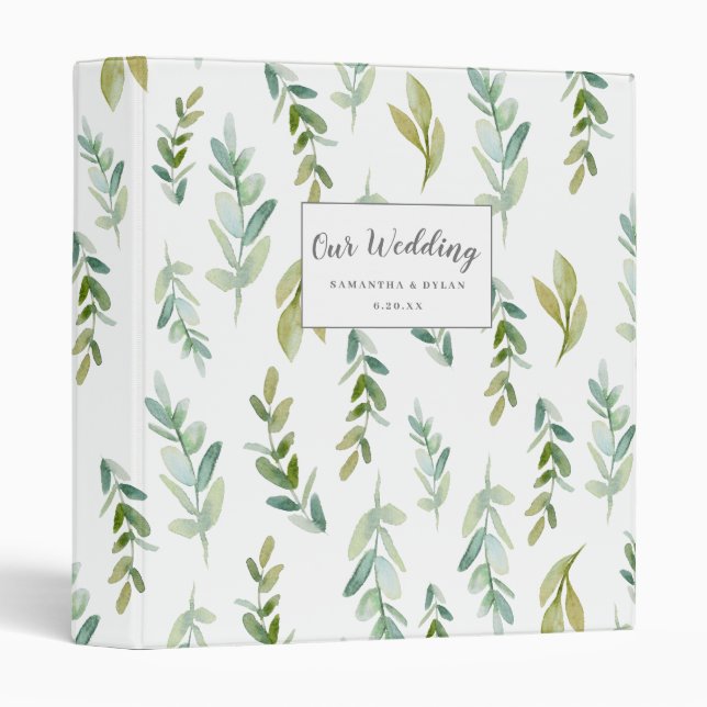 Spring Green Watercolor Botanicals Wedding Planner 3 Ring Binder (Front/Spine)