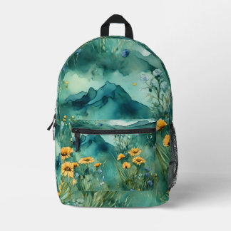 Spring Green watercolor landscape wildflowers Printed Backpack