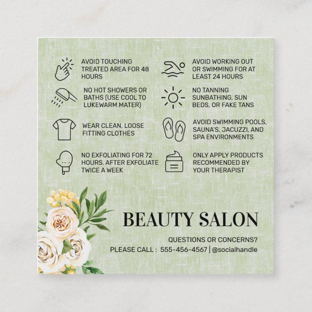 Spring Green Waxing Aftercare Square Business Card (Back)
