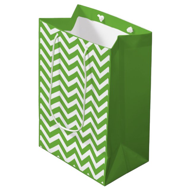 Spring Green & White Chevron Wedding Birthday Medium Gift Bag (Front Angled)