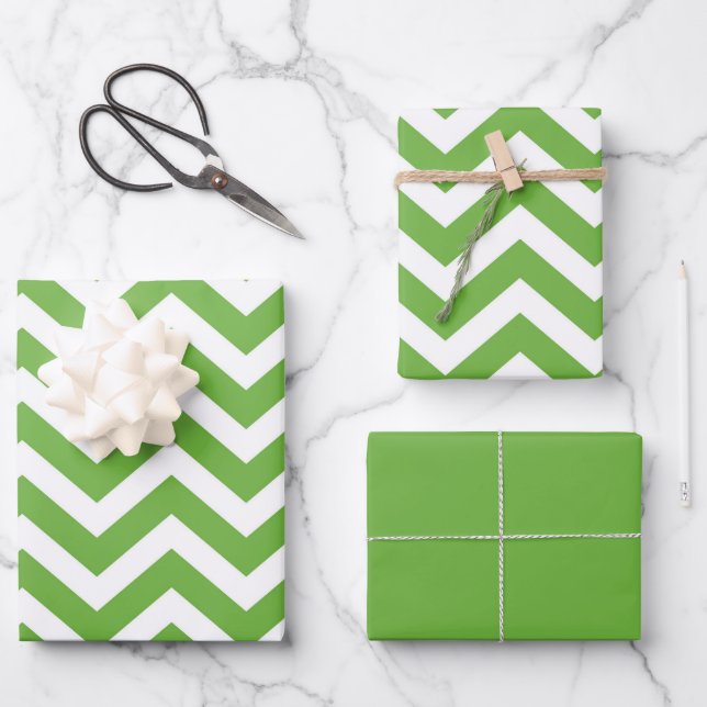 Spring Green & White Chevron Wedding Birthday Wrapping Paper Sheets (Front)