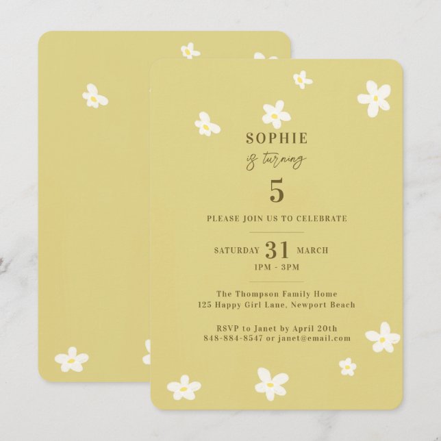 Spring Green White Daisies Girl Birthday Party Invitation (Front/Back)