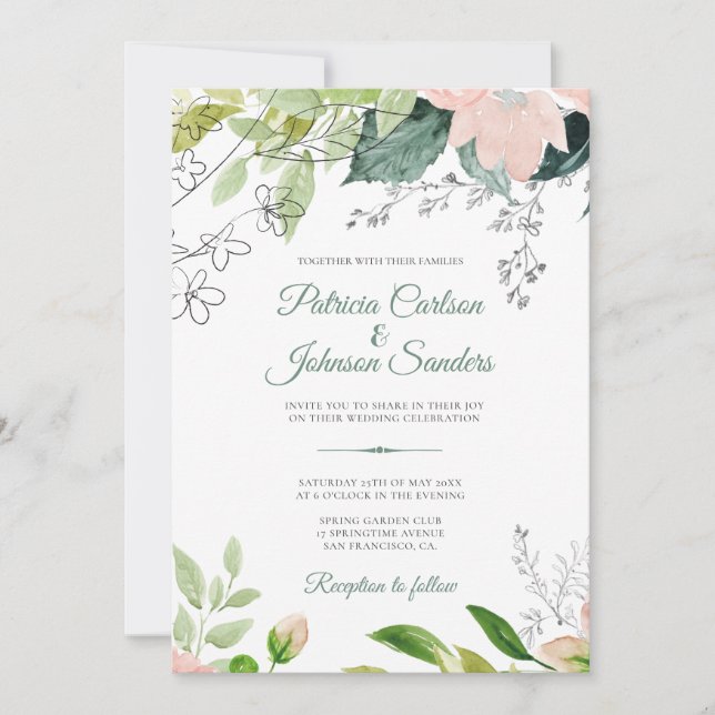 Spring greenery floral watercolor rustic wedding invitation (Front)