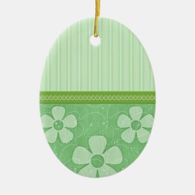 Spring Greens Stripes and Florals Egg Ceramic Ornament (Front)