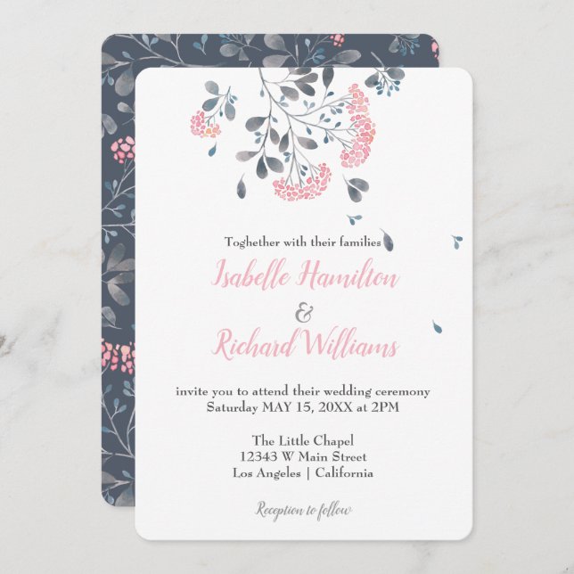 Spring grey pink flowers watercolor wedding invitation (Front/Back)