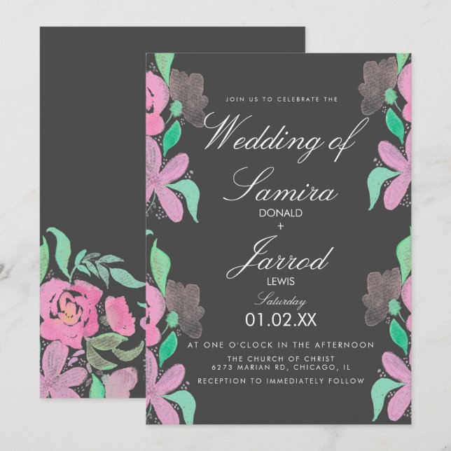 Spring Hand Watercolor Pink Greenery Wedding Invitation (Front/Back)