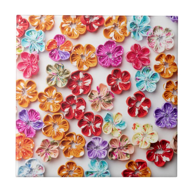 Spring Handmade sewn fabric Flowers Multicolor  Ceramic Tile (Front)