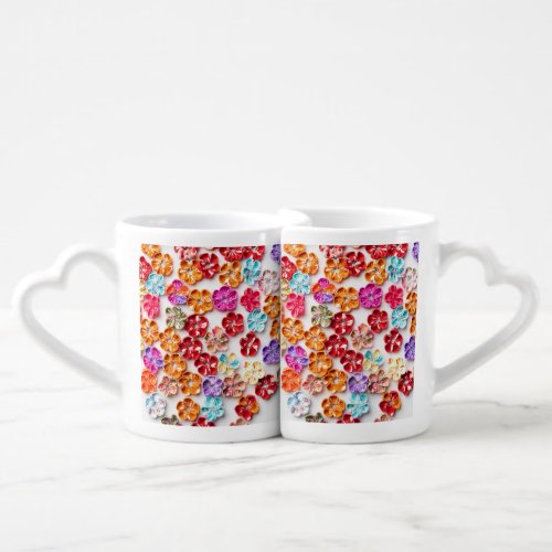 Spring Handmade sewn fabric Flowers Multicolor  Coffee Mug Set