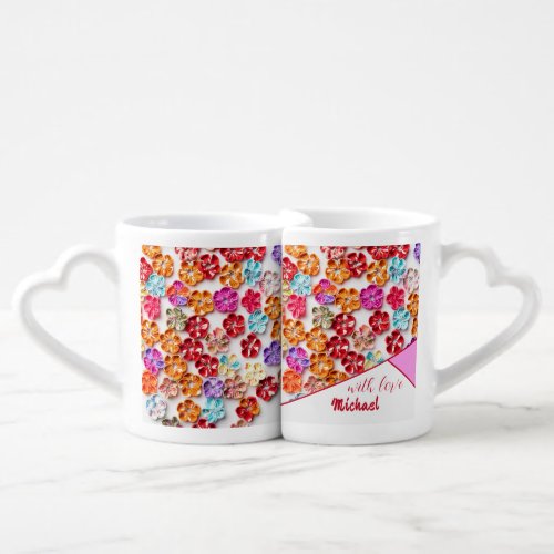 Spring Handmade sewn fabric Flowers Multicolor  Coffee Mug Set