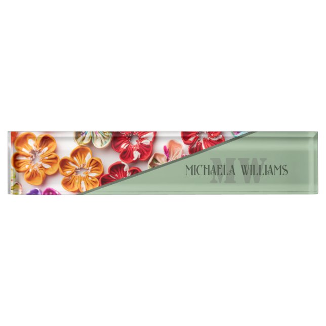 Spring Handmade sewn fabric Flowers Multicolor  Desk Name Plate (Front)