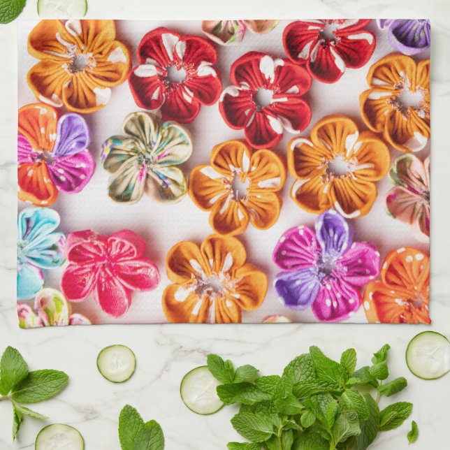Spring Handmade sewn fabric Flowers Multicolor  Kitchen Towel (Folded)