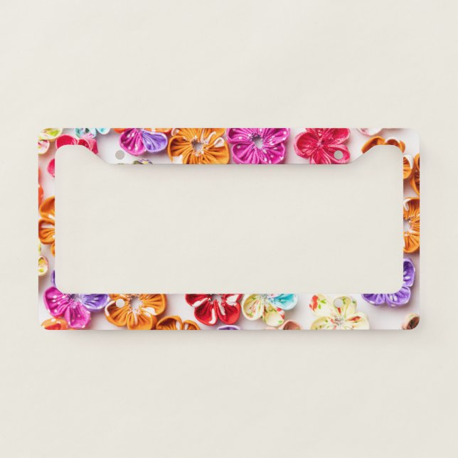 Spring Handmade sewn fabric Flowers Multicolor  License Plate Frame (Front)