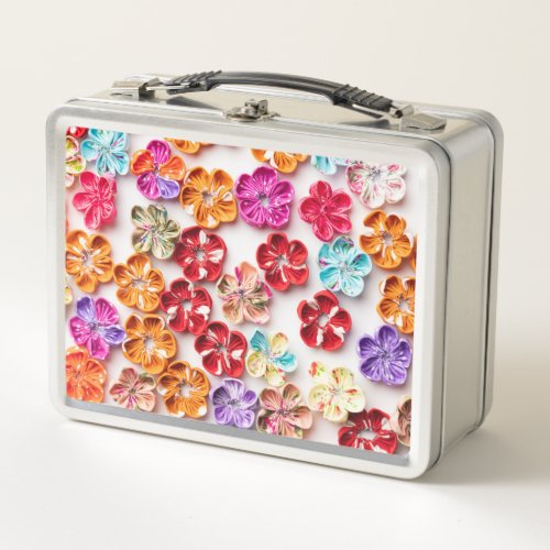 Spring Handmade sewn fabric Flowers Multicolor  Metal Lunch Box