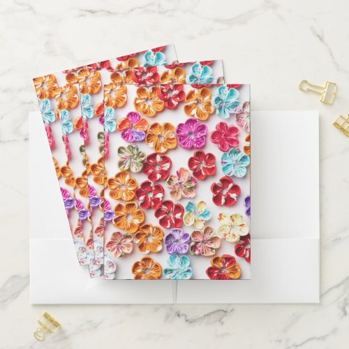 Spring Handmade sewn fabric Flowers Multicolor  Pocket Folder