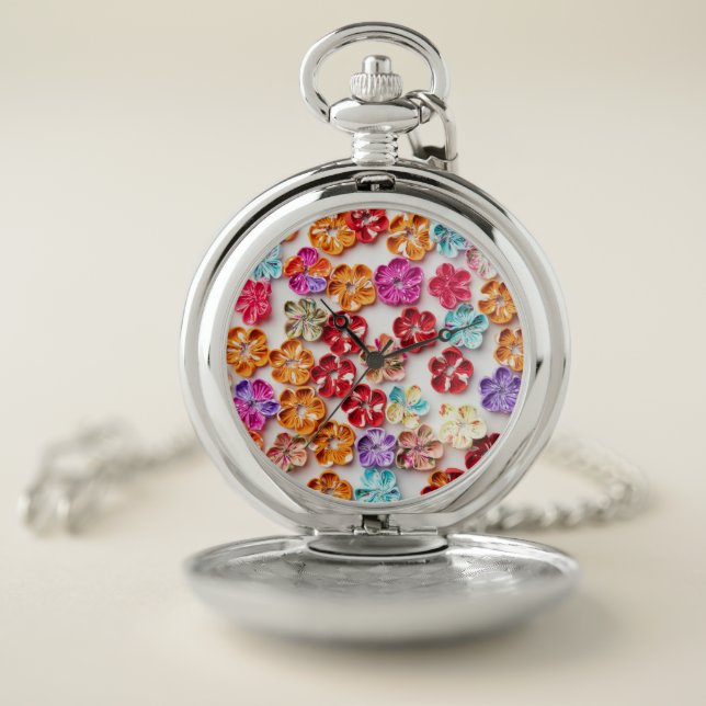 Spring Handmade sewn fabric Flowers Multicolor  Pocket Watch (Inside)
