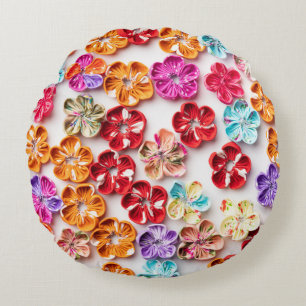 Spring Handmade sewn fabric Flowers Multicolor Round Pillow
