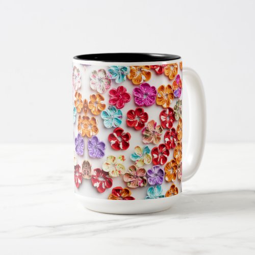 Spring Handmade sewn fabric Flowers Multicolor  Two_Tone Coffee Mug