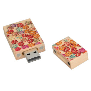 Spring Handmade sewn fabric Flowers Multicolor Wood Flash Drive