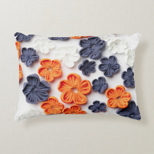 Spring handmade sewn fabric flowers orange blue accent pillow