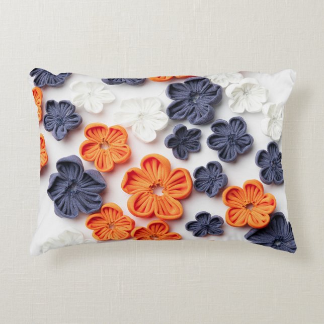 Spring handmade sewn fabric flowers orange blue  accent pillow (Front)