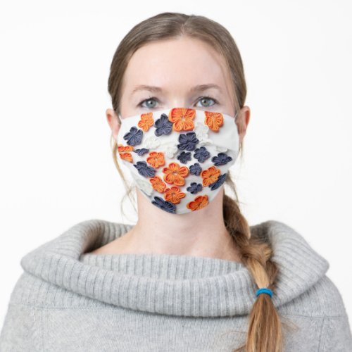 Spring handmade sewn fabric flowers orange blue  adult cloth face mask