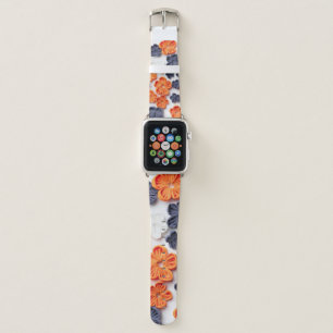 Spring handmade sewn fabric flowers orange blue  apple watch band