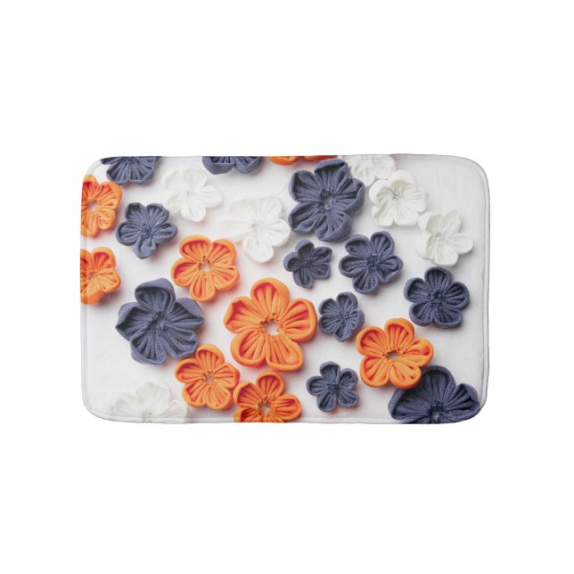 Spring handmade sewn fabric flowers orange blue  bath mat (Front)