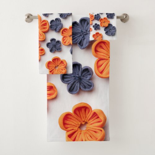 Spring handmade sewn fabric flowers orange blue  bath towel set