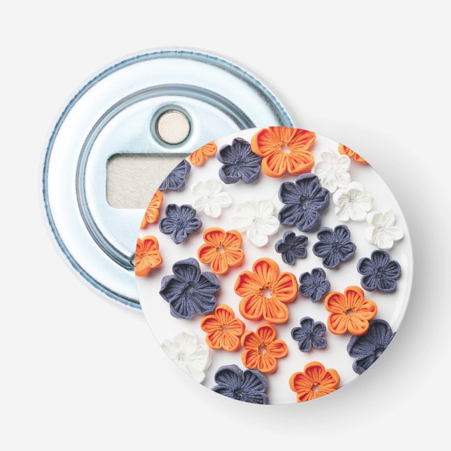 Spring handmade sewn fabric flowers orange blue  bottle opener (Front)