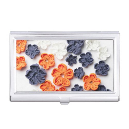 Spring handmade sewn fabric flowers orange blue  business card case