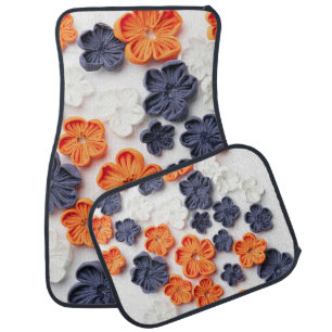 Spring handmade sewn fabric flowers orange blue car floor mat