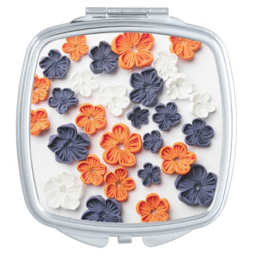 Spring handmade sewn fabric flowers orange blue  compact mirror