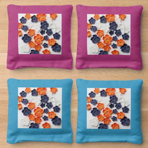 Spring handmade sewn fabric flowers orange blue  cornhole bags