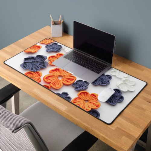 Spring handmade sewn fabric flowers orange blue  desk mat